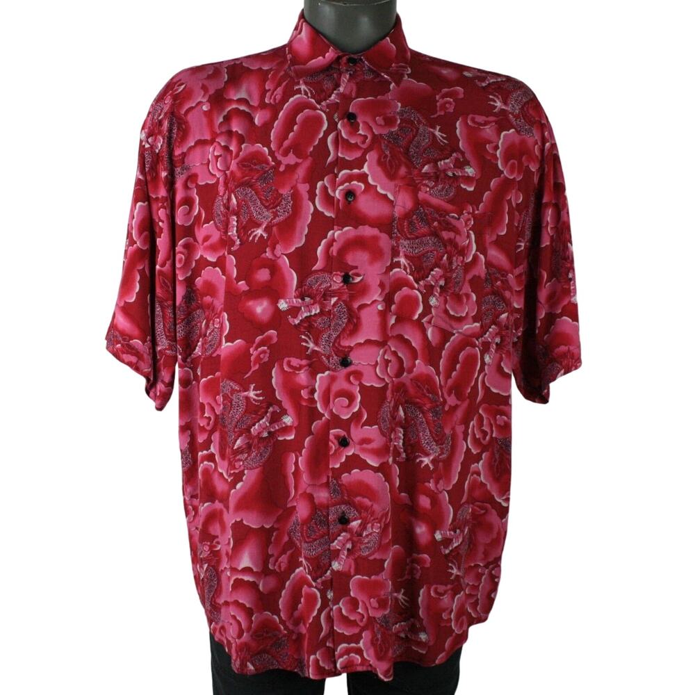 Vintage Japanese Dragon Print Shirt Mens L Y2K Rayon Hawaiian Button Up Aloha